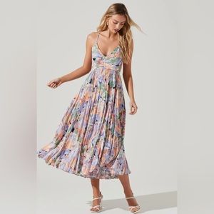 BLYTHE FLORAL PLISSE MIDI DRESS in CORAL MULTI / size M